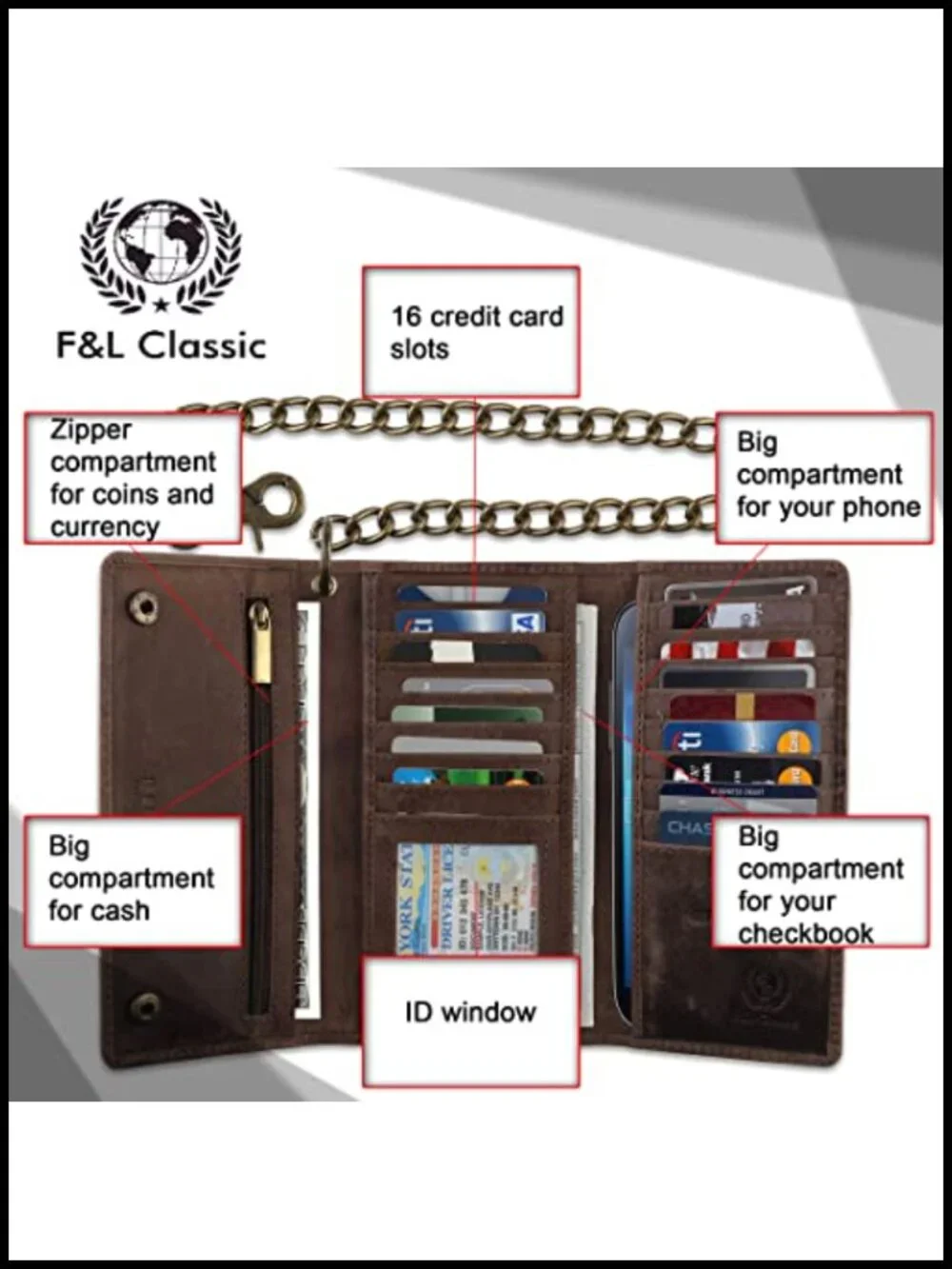 RFID Blocking Tri-Fold Cowhide Leather Wallet with Steel Chain